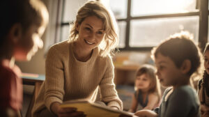 a woman sits with young children reading them a book while thinking about how happy she is for choosing this path of aba therapy career opportunities